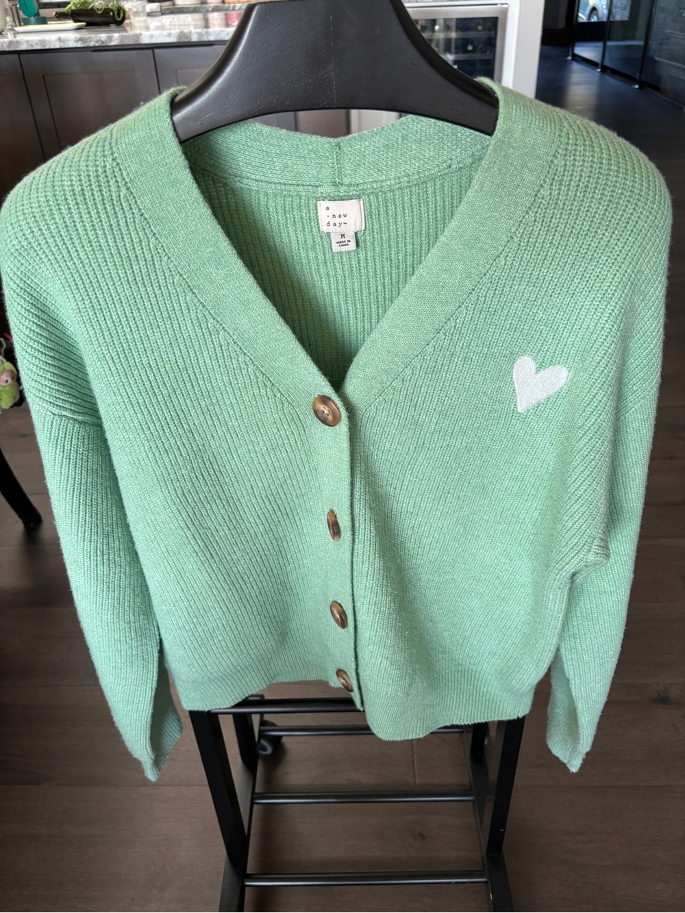 a new day Mint Green V-Neck Button Cardigan with White Heart